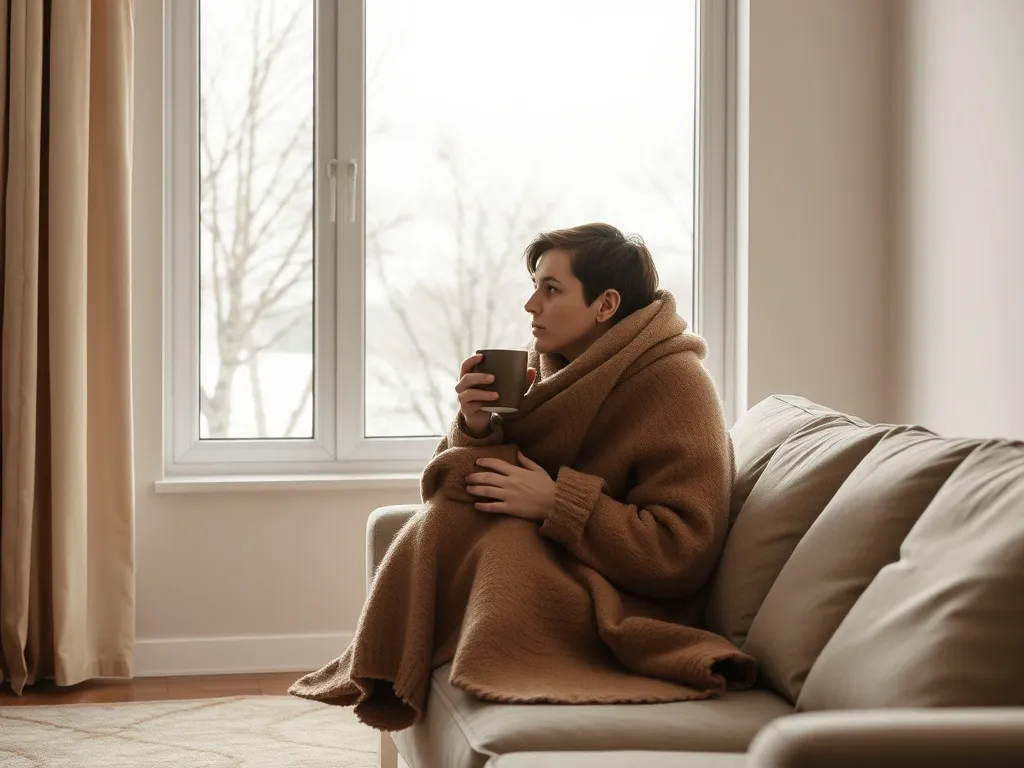 Osoba owinięta kocem siedzi przy oknie zimowego dnia, patrzy zamyślona na zewnątrz i trzyma kubek, oddając nastrój sezonowej melancholii.