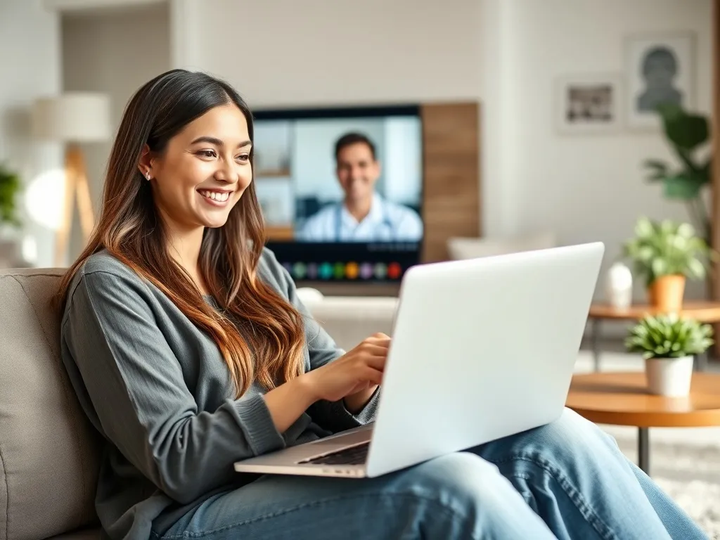 Kobieta na kanapie prowadzi wideokonsultację stomatologiczną na laptopie w przytulnym, nowoczesnym salonie.