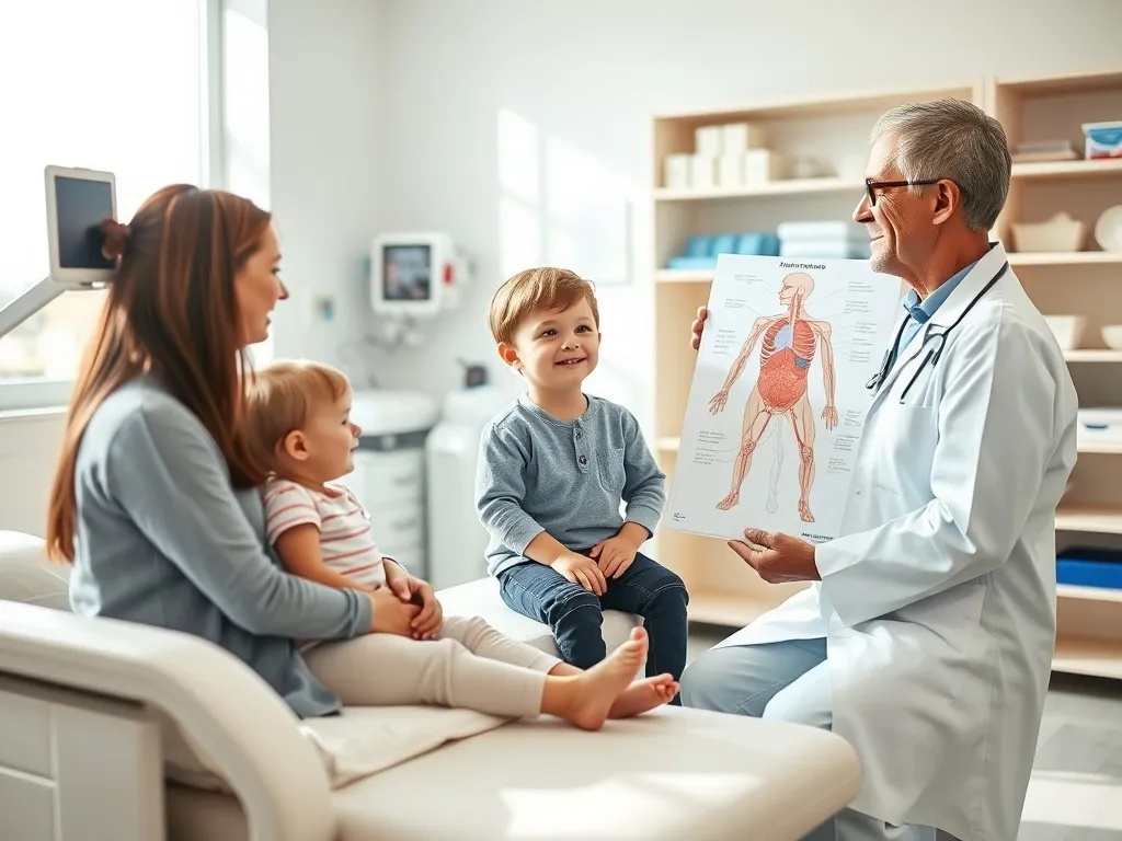 Lekarz pediatra wyjaśnia dziecku i rodzicowi problem zdrowotny w spokojnym gabinecie, budując atmosferę zaufania.