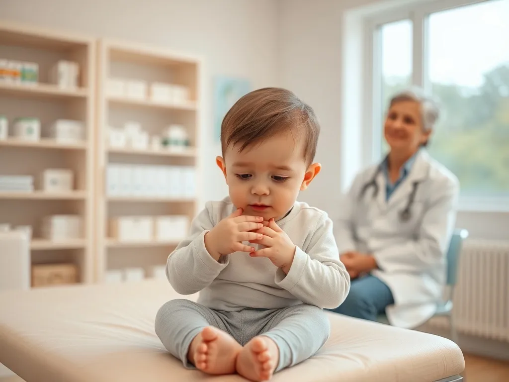 Lekarz uspokaja zmęczone dziecko z czerwonymi plamkami na dłoni i wokół ust, podczas badania w jasnym gabinecie pediatrycznym.