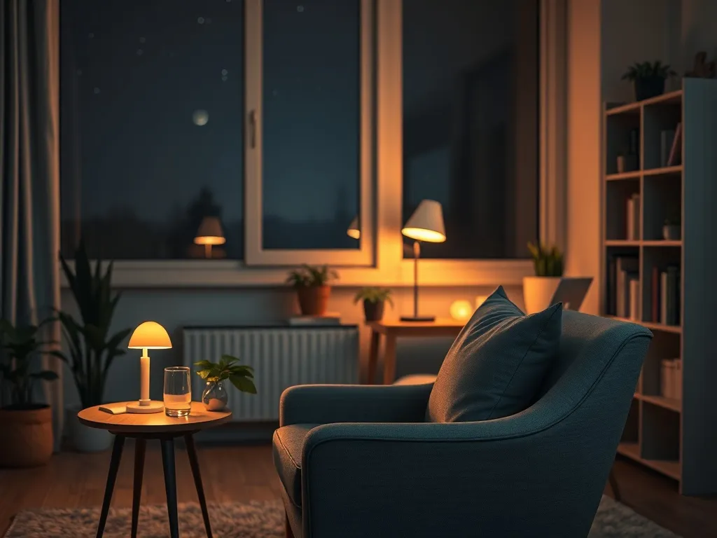 Przytulny gabinet psychologa nocą, ciepłe światło i wygodny fotel tworzą spokojne, bezpieczne miejsce na terapię bezsenności