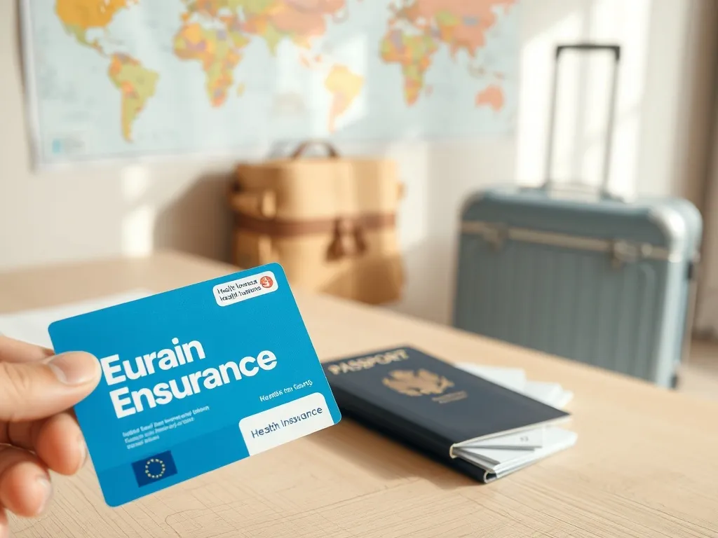 Karta EKUZ trzymana w dłoni obok paszportu i dokumentów podróży, w tle walizka i mapa świata, nastrój przygotowań do wyjazdu