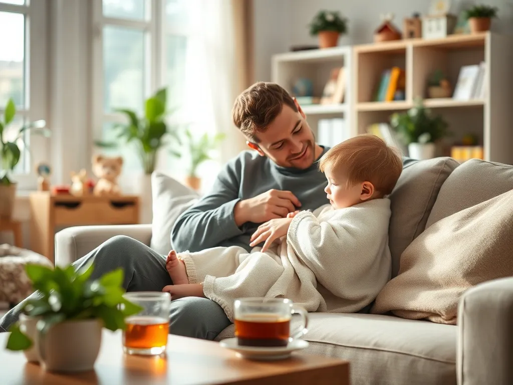 Rodzic przytula chore dziecko pod kocem w jasnym salonie, obok leży termometr i kubek herbaty, ciepła domowa atmosfera.