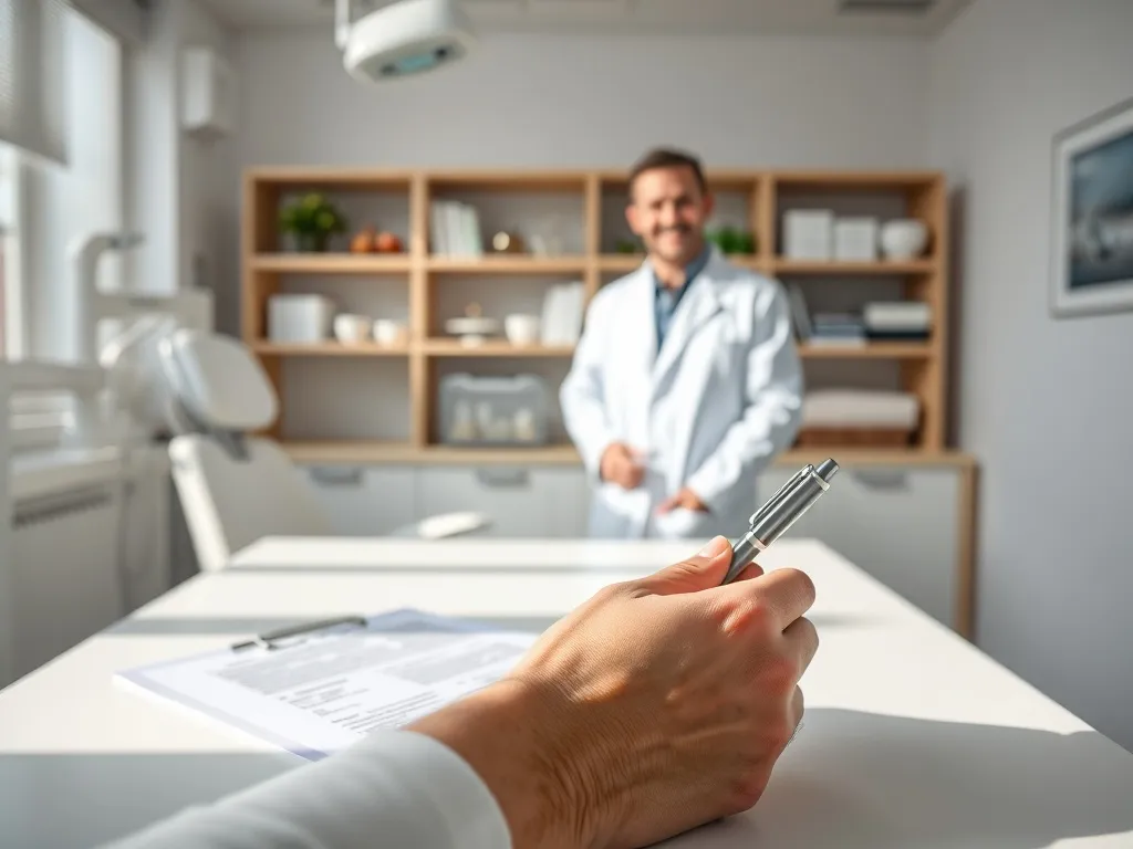 Pacjent w nowoczesnym gabinecie dentystycznym omawia z lekarzem formularz medyczny i możliwość wystawienia L4