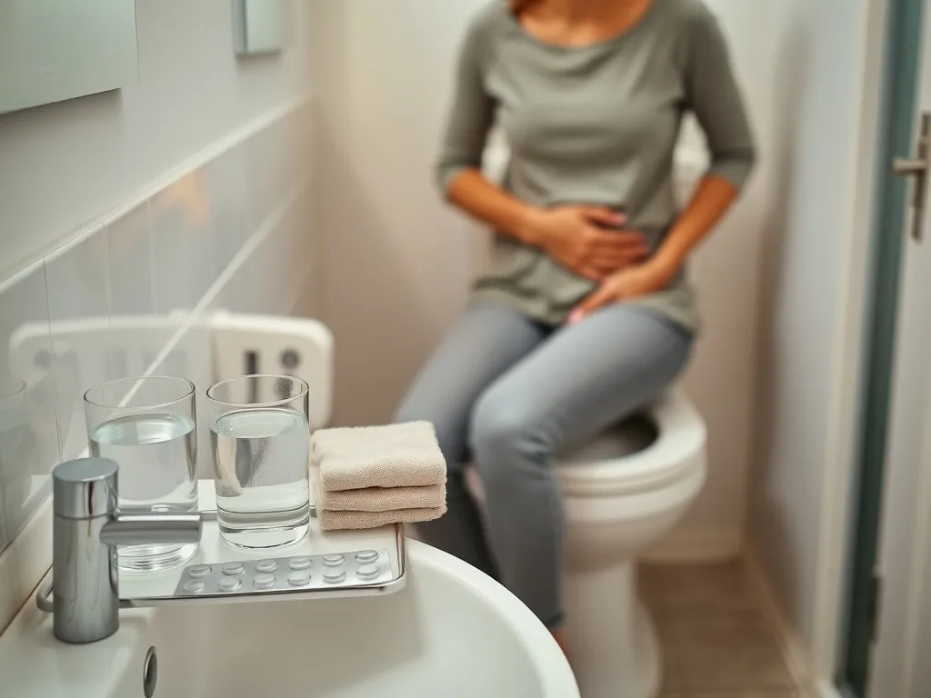 Osoba z łagodnym dyskomfortem brzucha siedzi w łazience; na półce obok woda i leki łagodzące objawy IBS.