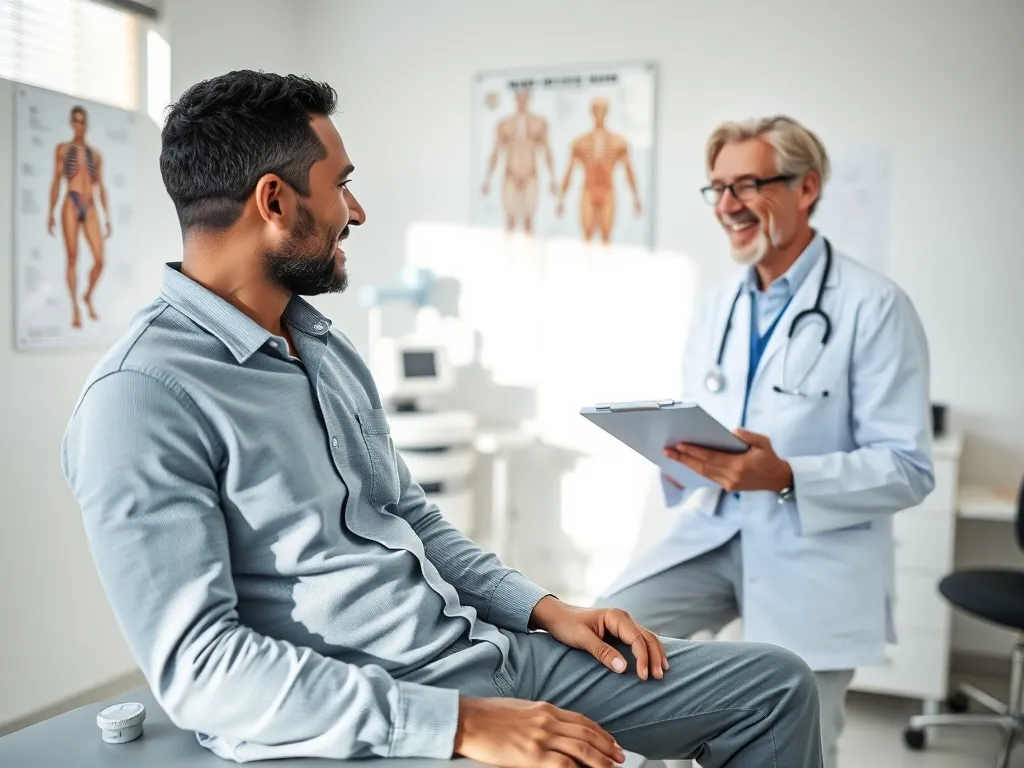 Mężczyzna rozmawia z lekarzem w nowoczesnym gabinecie, podkreślając znaczenie profilaktycznych badań zdrowotnych.
