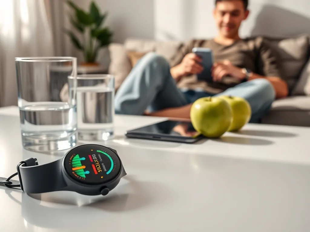 Nowoczesny smartwatch i smartfon z kolorowymi wykresami zdrowia na biurku, obok woda i jabłko, domowa profilaktyka zdrowotna