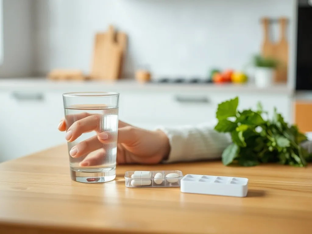 Spokojne dłonie przy szklance wody i organizerze na leki, w tle kuchnia z warzywami – codzienne leczenie SIBO