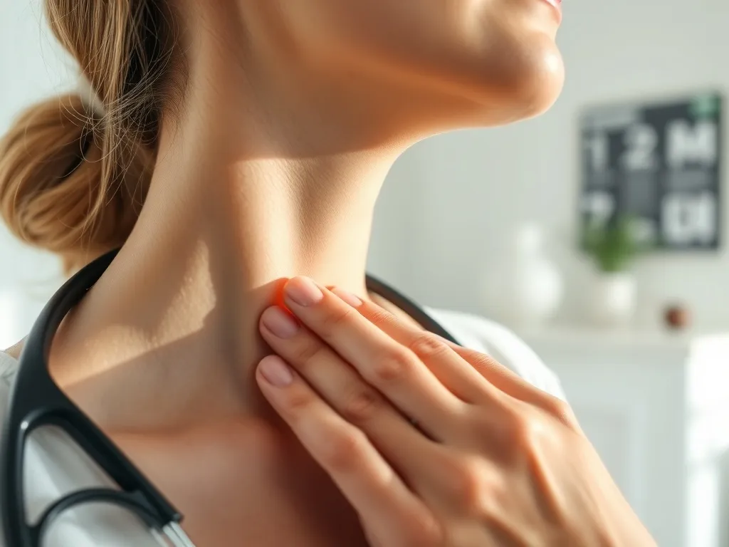 Lekarz bada szyję pacjentki, delikatnie dotykając okolic tarczycy podczas konsultacji w spokojnym gabinecie.