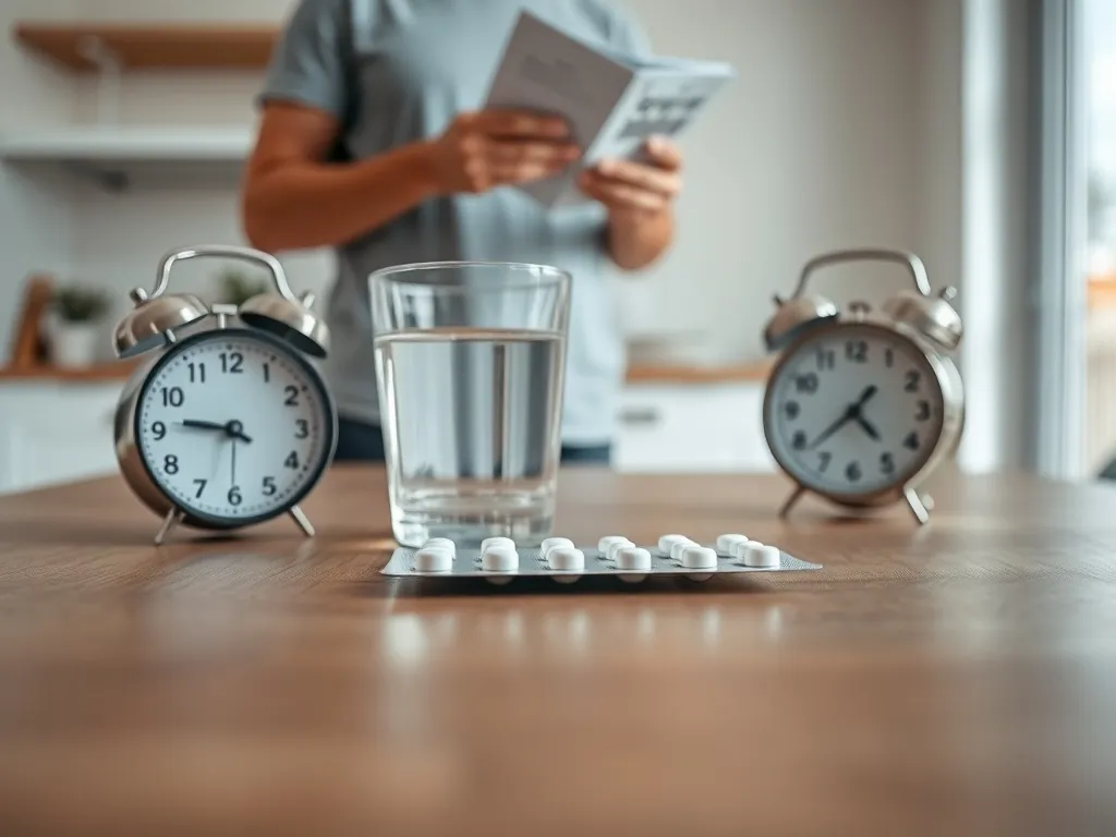 Szklanka wody, blister z białymi tabletkami i zegarek, w tle osoba czytająca ulotkę leku, spokojna, jasna sceneria.
