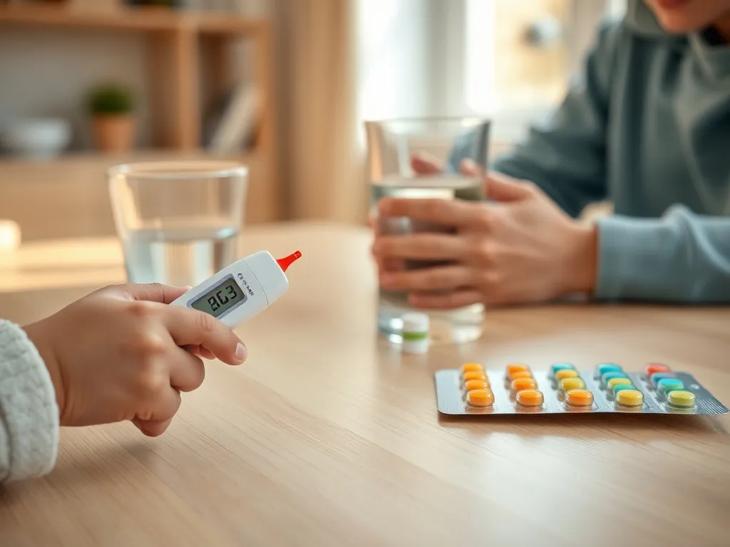 Dziecięcy termometr, woda i kolorowe tabletki na stole, obok zmartwione ręce rodzica – bez aspiryny, bezpieczne leczenie gorączki.