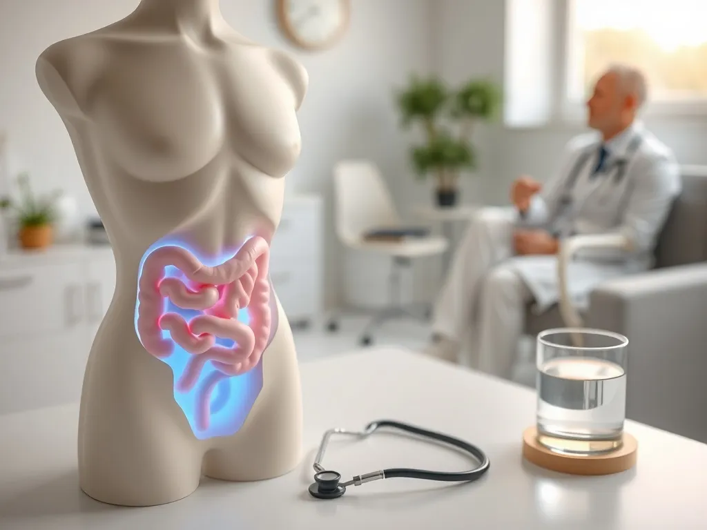 Schematyczny tułów z zaznaczonymi jelitami na biurku lekarskim, w tle spokojna rozmowa pacjenta z lekarzem.