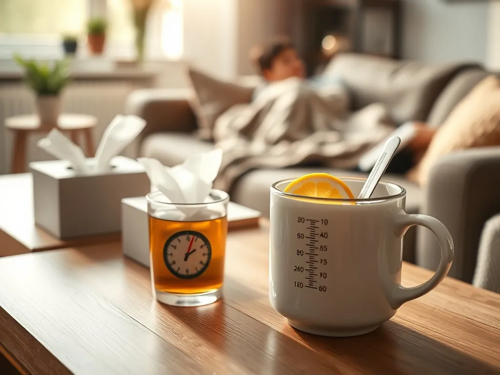 Kubek gorącej herbaty z cytryną, termometr i chusteczki obok osoby odpoczywającej pod kocem podczas infekcji sezonowej