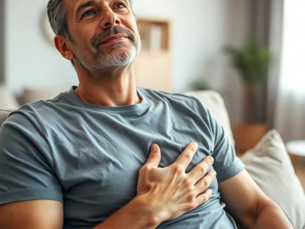 Mężczyzna w T‑shircie delikatnie dotyka klatki piersiowej, spokojnie rozmyślając o problemie ginekomastii.