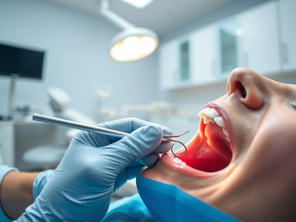 Stomatolog w rękawiczkach wykonuje leczenie kanałowe, używając narzędzi w sterylnym, nowoczesnym gabinecie.