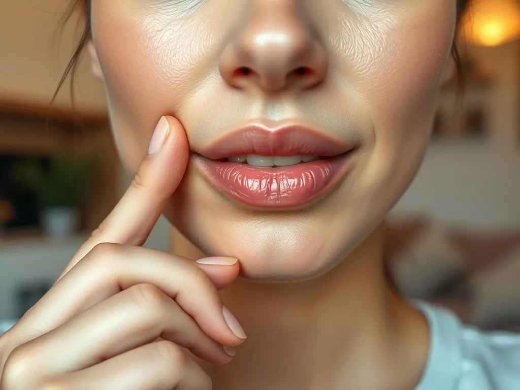 Kobieta delikatnie dotykająca ust, zdrowa skóra w neutralnym świetle, ilustrująca temat opryszczki i pielęgnacji warg.