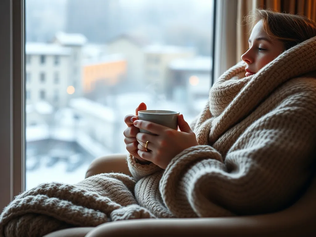 Osoba skulona w fotelu pod kocem z kubkiem herbaty, relaksuje się przy oknie z zimowym, ośnieżonym widokiem miasta