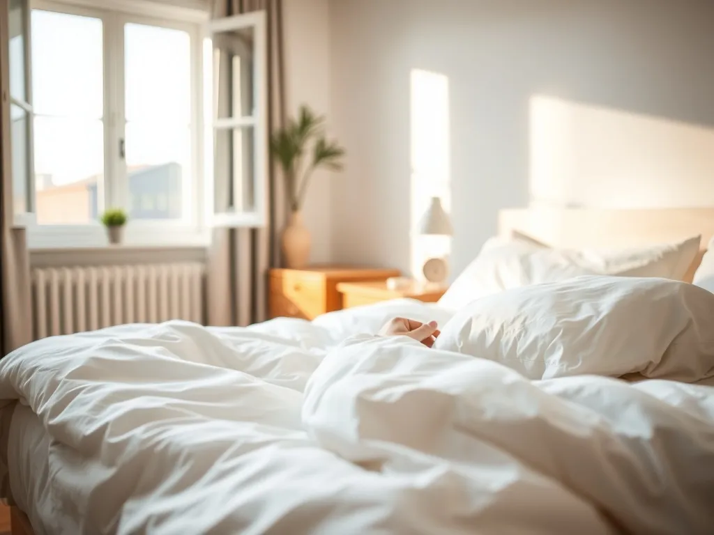 Ręka sięga spod kołdry po budzik na stoliku nocnym w przytulnej sypialni o świcie, sugerując trudność w porannym wstawaniu