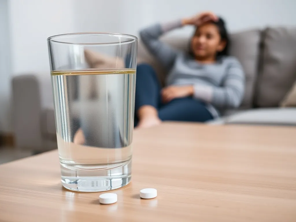 Szklanka wody i tabletka przeciwbólowa na stole, w tle osoba z bólem głowy siedząca na sofie w spokojnym wnętrzu.