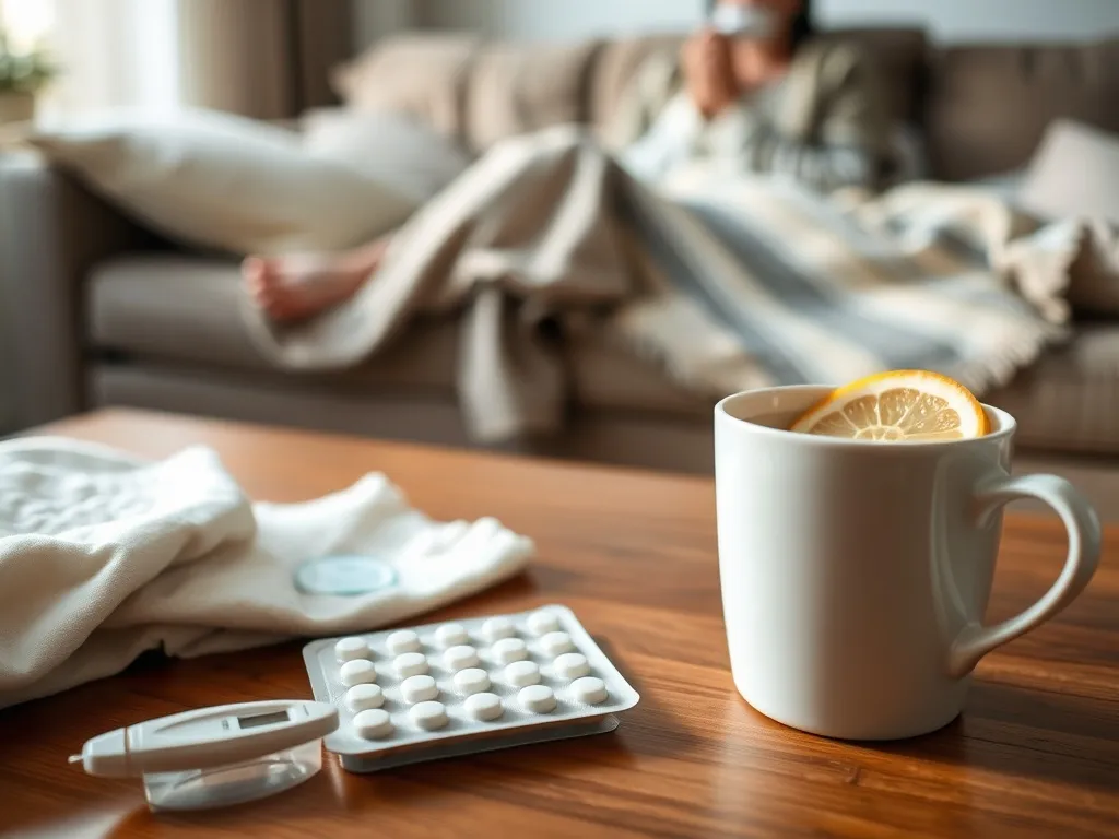 Kubek herbaty z cytryną, termometr i leki na stole, w tle zakatarzona osoba pod kocem lecząca przeziębienie lub grypę