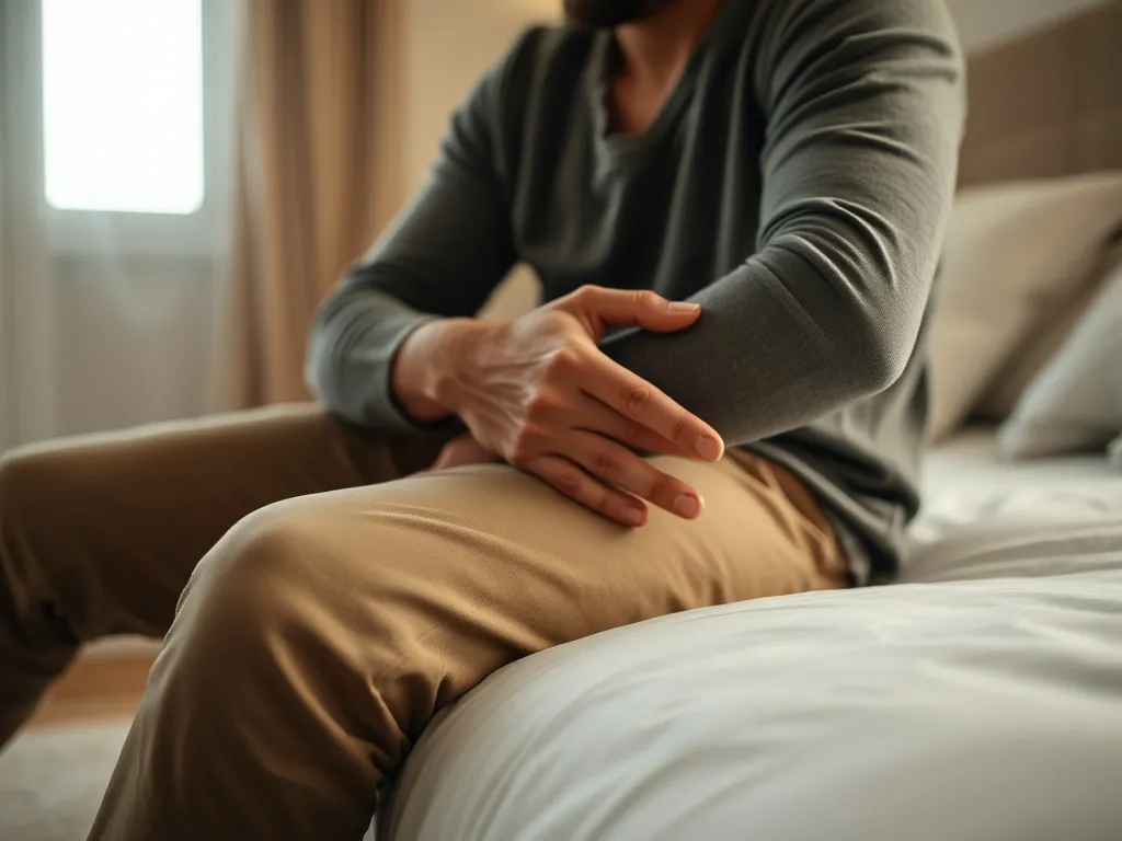 Mężczyzna siedzący spięty na brzegu łóżka, w tle odwrócony partner – napięcie i dystans związany z problemami z erekcją.