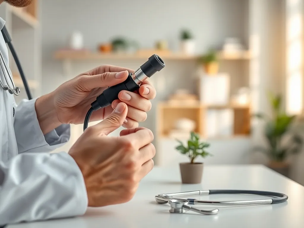 Laryngolog delikatnie bada ucho pacjenta otoskopem w jasnym, nowoczesnym gabinecie, podkreślając profilaktykę infekcji.