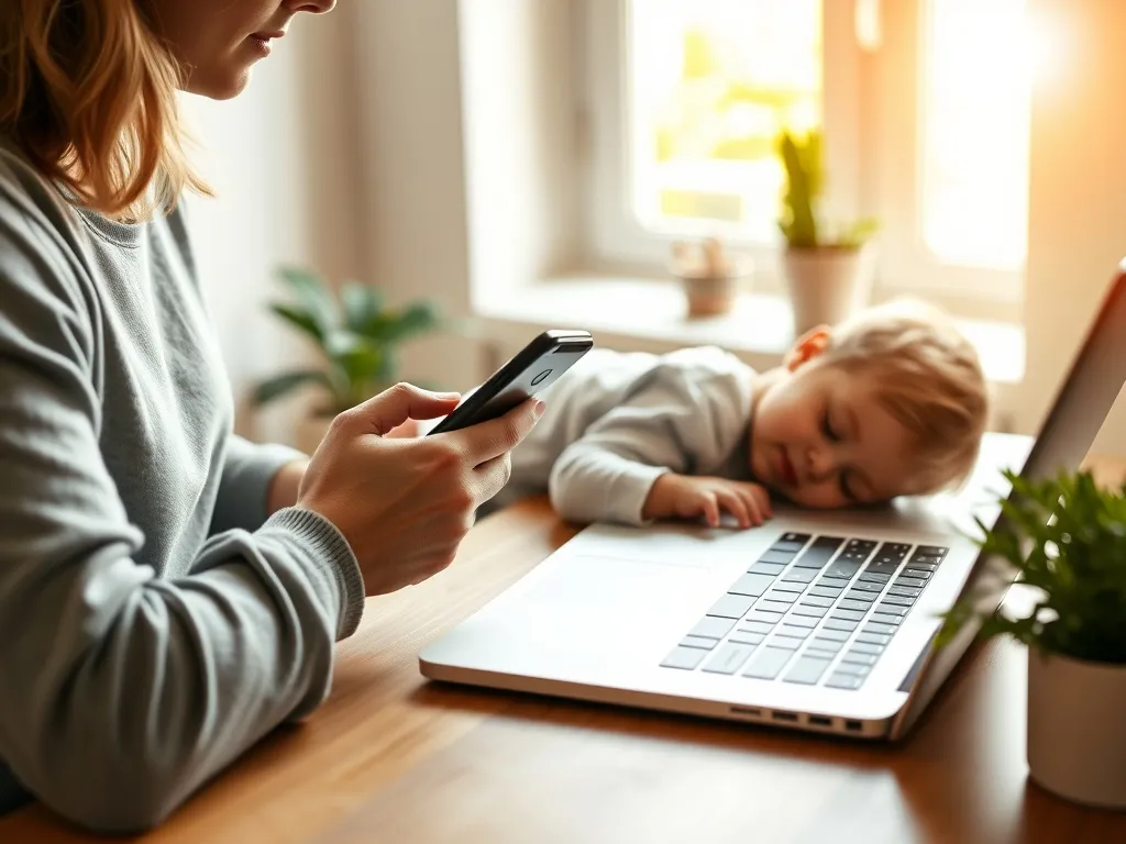 Rodzic w domu wypełnia L4 na dziecko online na laptopie, jednocześnie czuwając przy śpiącym maluchu.