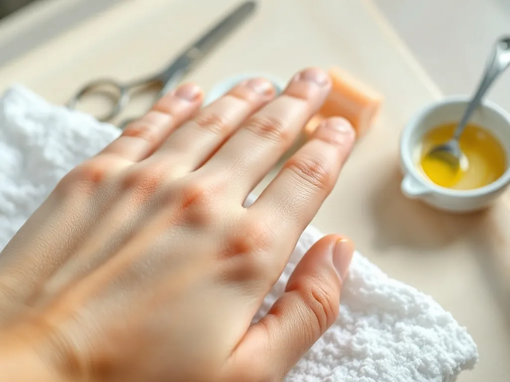 Dłoń z naturalnymi paznokciami z pionowymi bruzdami, na tle akcesoriów manicure w spokojnej, spa‑like atmosferze
