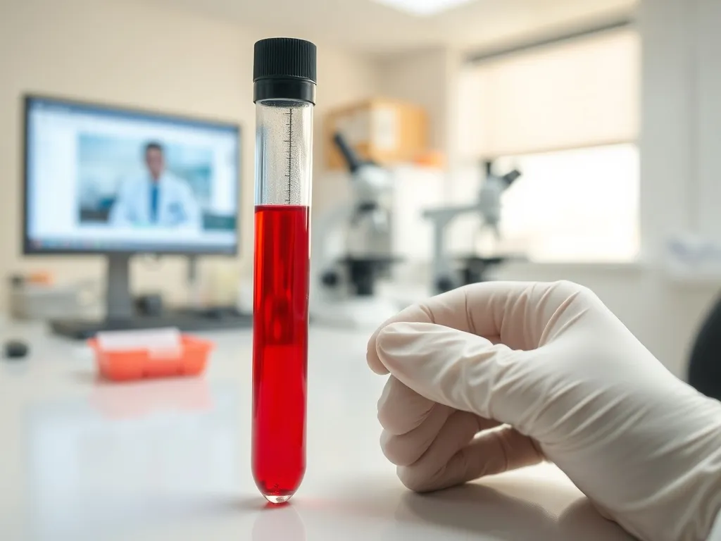 Probówka z krwią w dłoni w rękawiczce w jasnym laboratorium, ilustracja badania poziomu neutrofili we krwi.