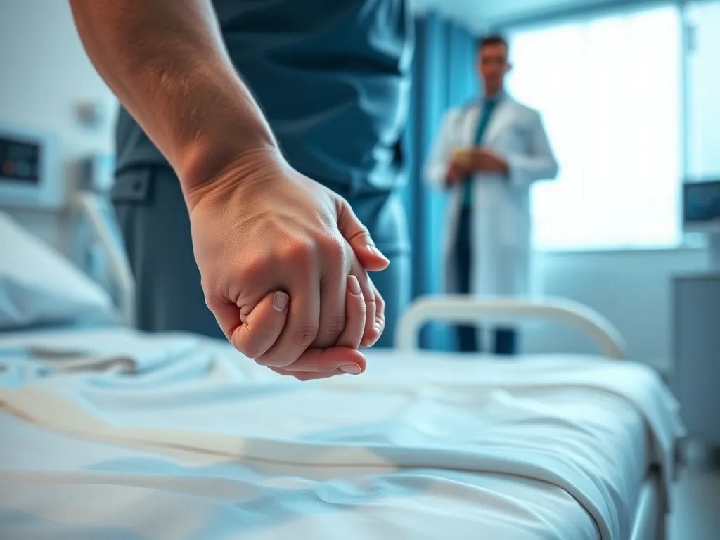 Zatroskany rodzic trzyma za rękę chore dziecko w szpitalnym łóżku, w tle zbliża się lekarz w białym fartuchu.