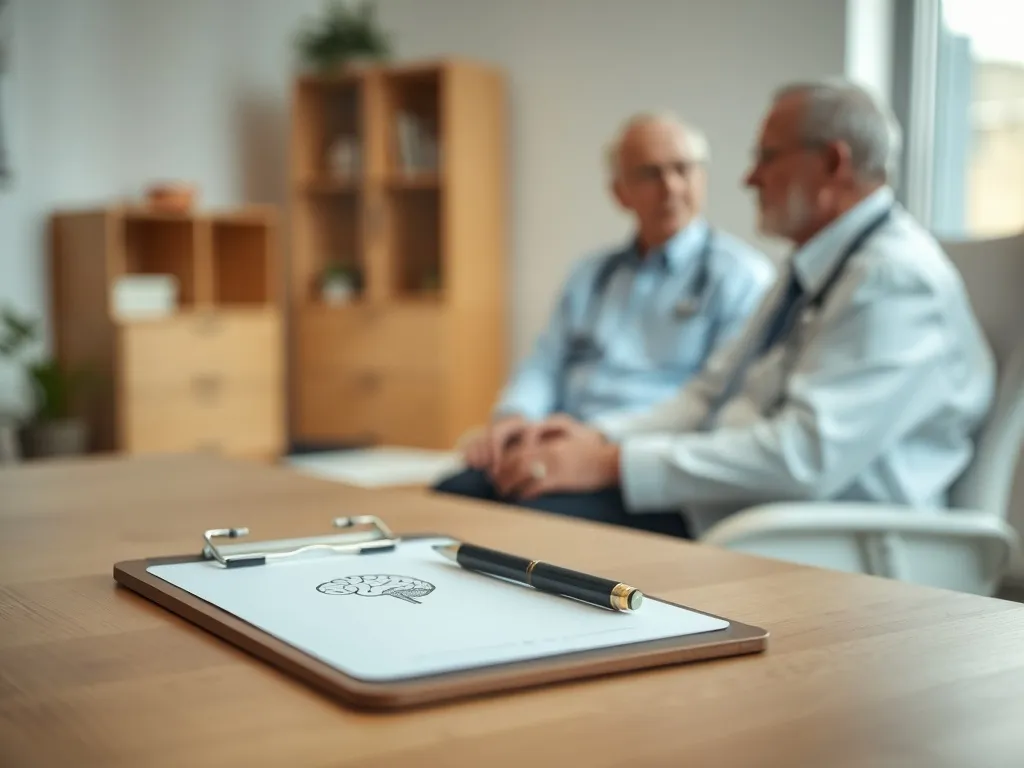 Lekarz rozmawia ze starszą osobą o diagnostyce otępienia, na pierwszym planie schemat mózgu na podkładce.