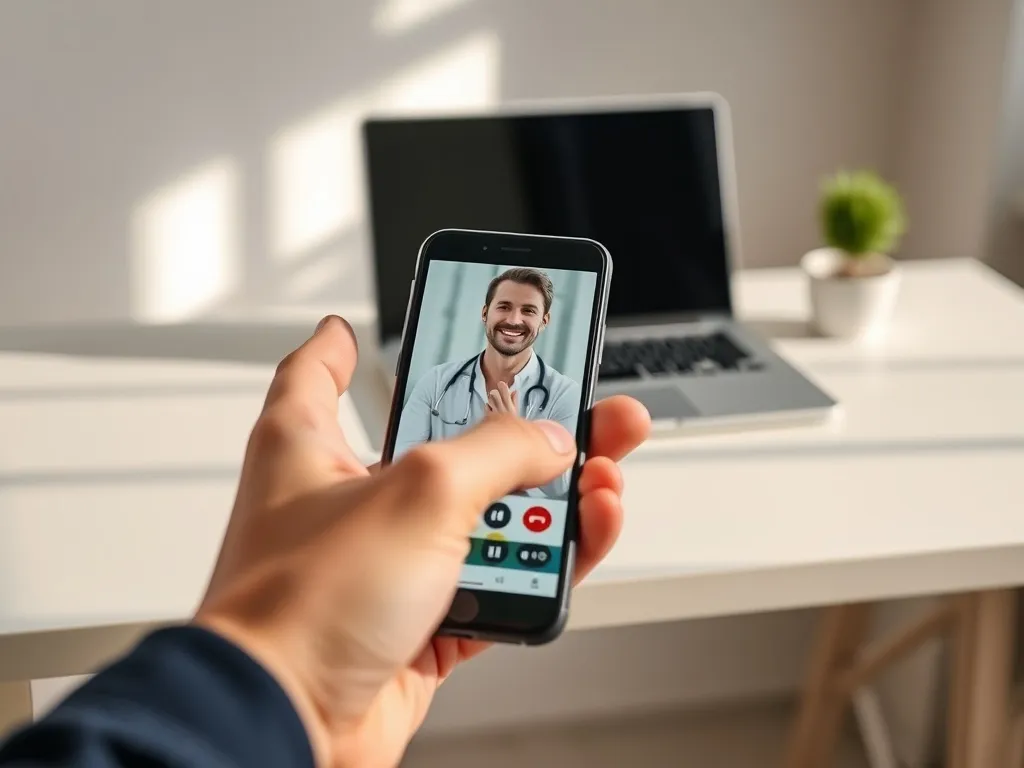 Smartfon z wideorozmową z dermatologiem online na biurku, nowoczesne i zdalne konsultacje skórne w domowym otoczeniu.