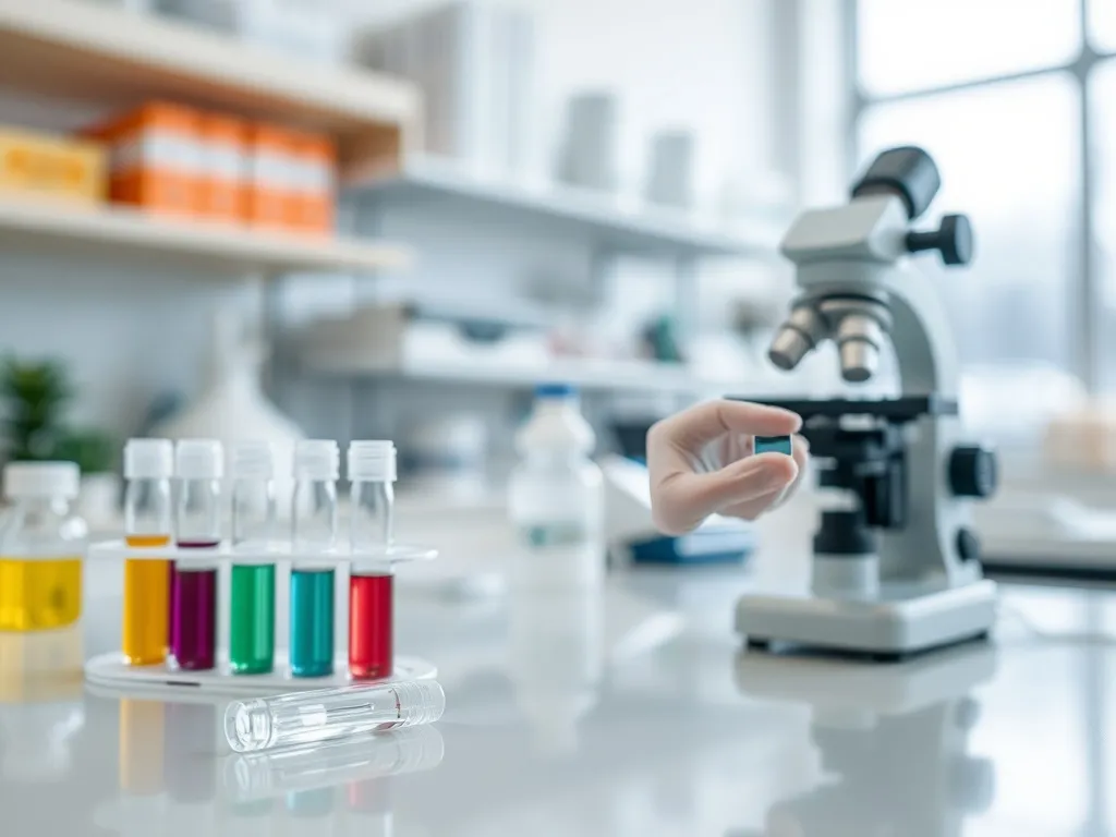 Ręka w rękawiczce trzyma szkiełko z próbką w jasnym laboratorium, obok mikroskop i probówki z barwnikami.