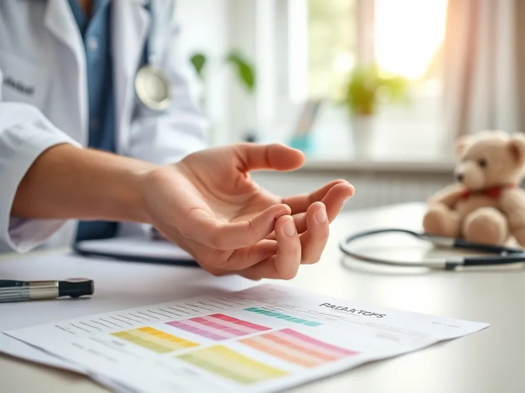 Lekarz delikatnie trzyma dłoń dziecka nad wynikami morfologii krwi, w spokojnym, przyjaznym gabinecie pediatrycznym.