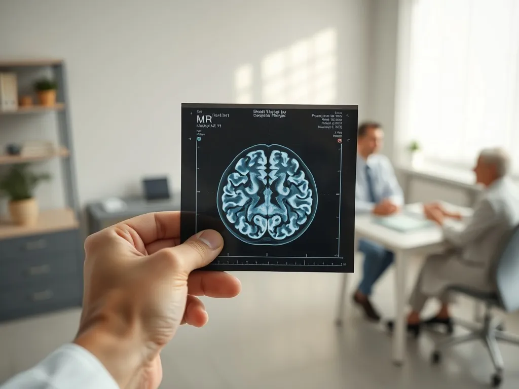 Lekarz analizuje wynik rezonansu mózgu, rozmawiając z pacjentem w spokojnym, profesjonalnym gabinecie neurologicznym.