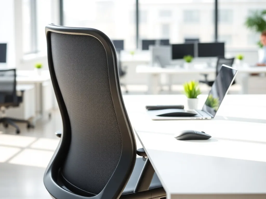 Ergonomiczne stanowisko pracy z fotelem i poduszką lędźwiową, podkreślające znaczenie ochrony kręgosłupa przy siedzeniu.