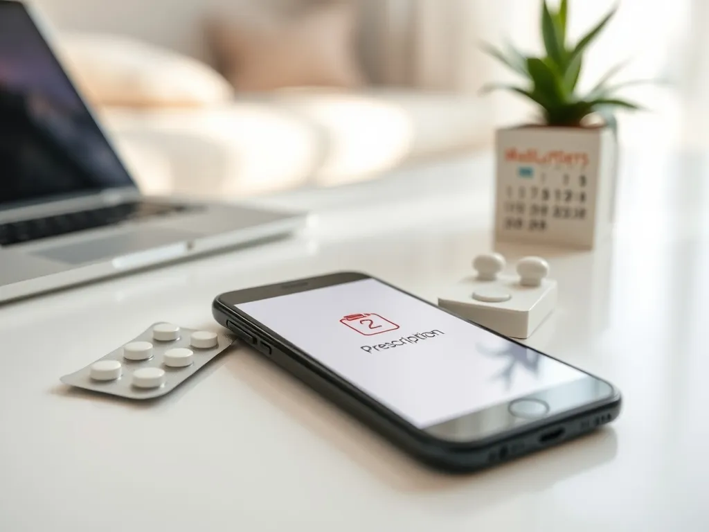Smartfon z receptą online obok tabletek i kalendarza z datami, podkreślający czas ważności e-recepty