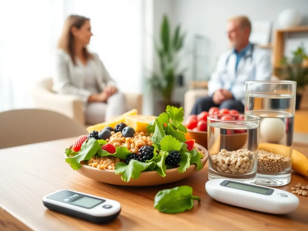 Zdrowy, kolorowy posiłek z warzyw i pełnych zbóż obok glukometru, w tle diabetolog rozmawiający z pacjentem.