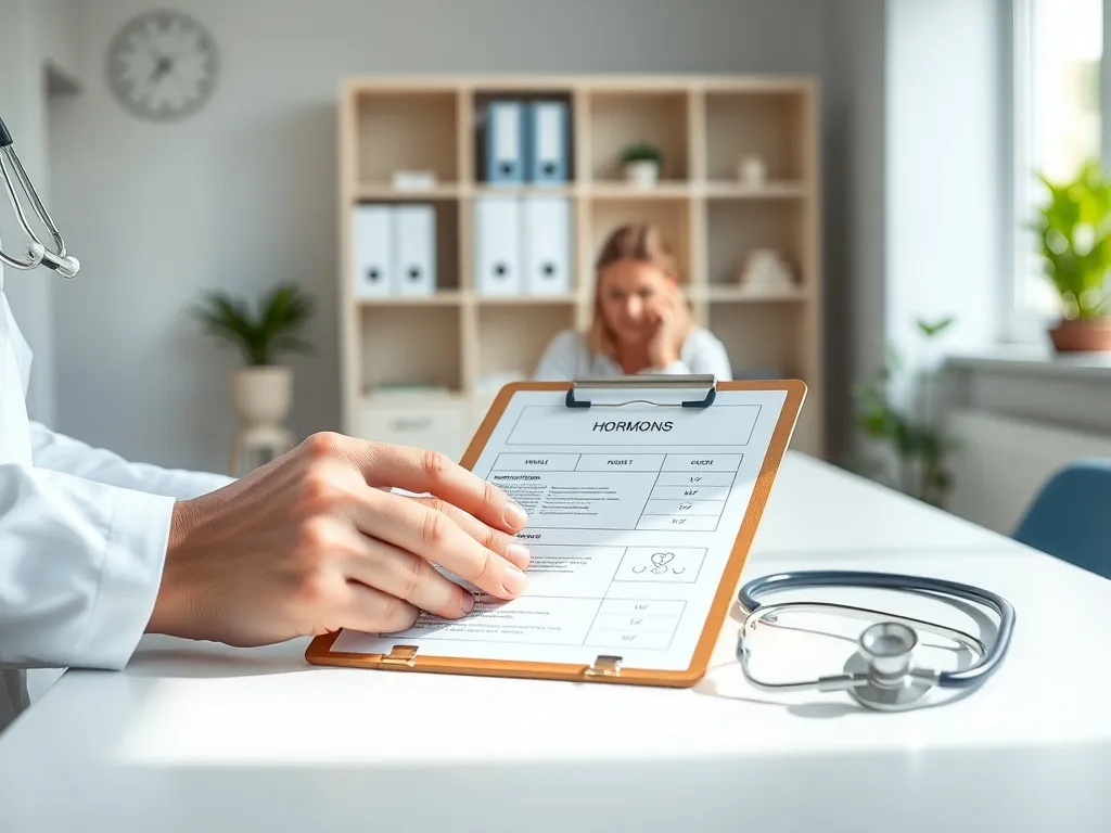 Lekarz analizuje wyniki badań hormonalnych przy biurku z pacjentem, podkreślając profesjonalną opiekę endokrynologiczną.