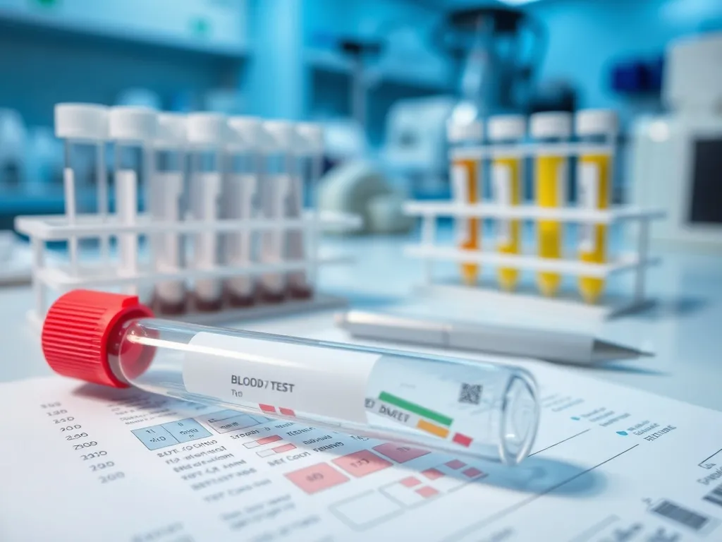 Probówka z krwią na tle wyników morfologii, ilustrująca analizę PDW i znaczenie odchyleń parametrów płytek krwi.