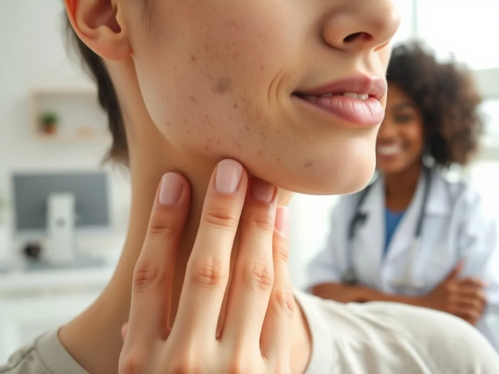 Osoba z łagodnym trądzikiem konsultuje się z dermatologiem w nowoczesnym, jasnym gabinecie lekarskim.