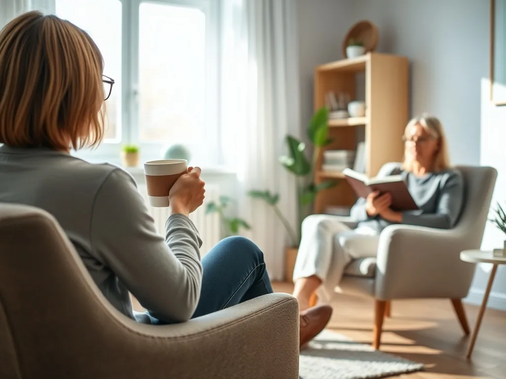 Pacjent siedzi z kubkiem w dłoniach naprzeciw spokojnego psychologa w przytulnym gabinecie, atmosfera bezpieczeństwa i zaufania.