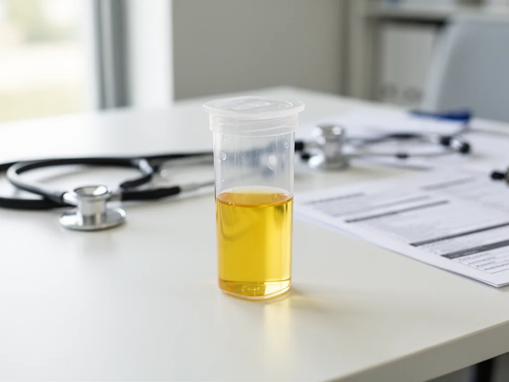 Przezroczysty pojemnik z moczem w gabinecie lekarskim, symbolizujący diagnostykę przy obecności krwi w moczu.