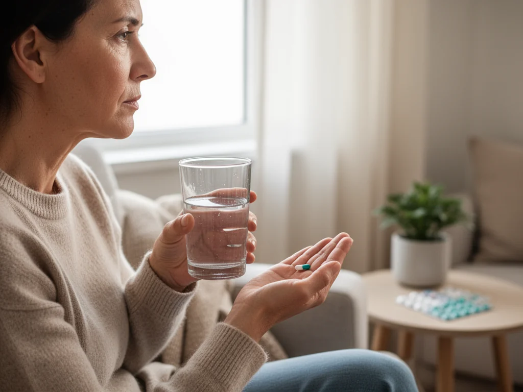 Zamyślona osoba na sofie trzyma tabletkę i szklankę wody, rozważając rozpoczęcie leków psychotropowych.