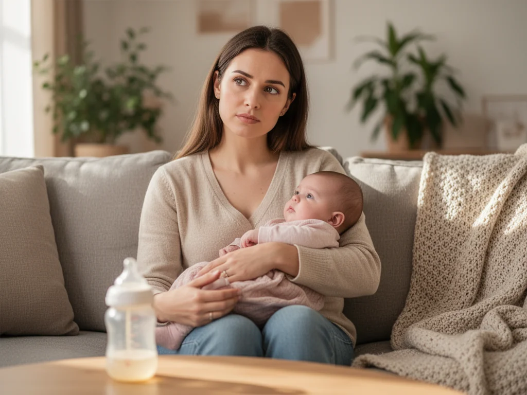 Młoda mama na kanapie spokojnie trzyma dziecko, obok stoi butelka – symbol wyboru między piersią a mlekiem modyfikowanym.