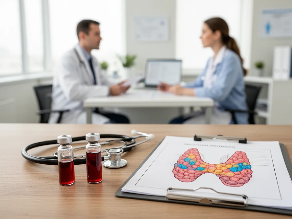 Fiolka krwi, stetoskop i ilustracja tarczycy na biurku lekarza, w tle rozmowa o wynikach badań cholesterolu.