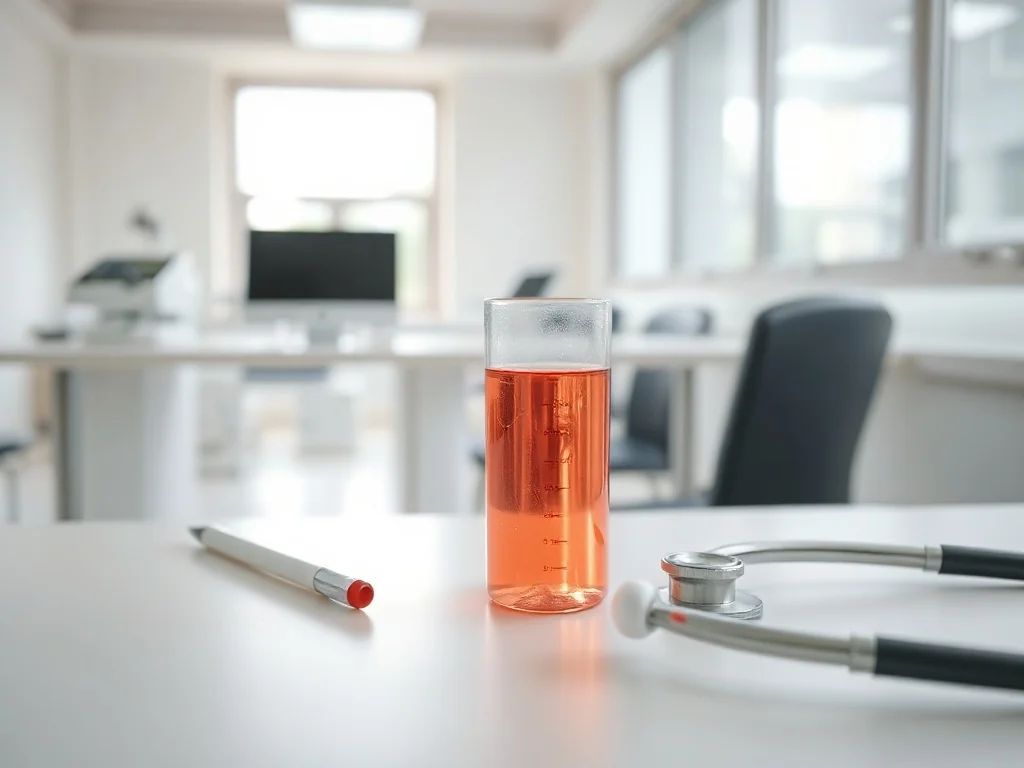 Próbka moczu z krwią na biurku w gabinecie lekarskim, obok stetoskopu, symbolizuje konieczność diagnostyki krwiomoczu.