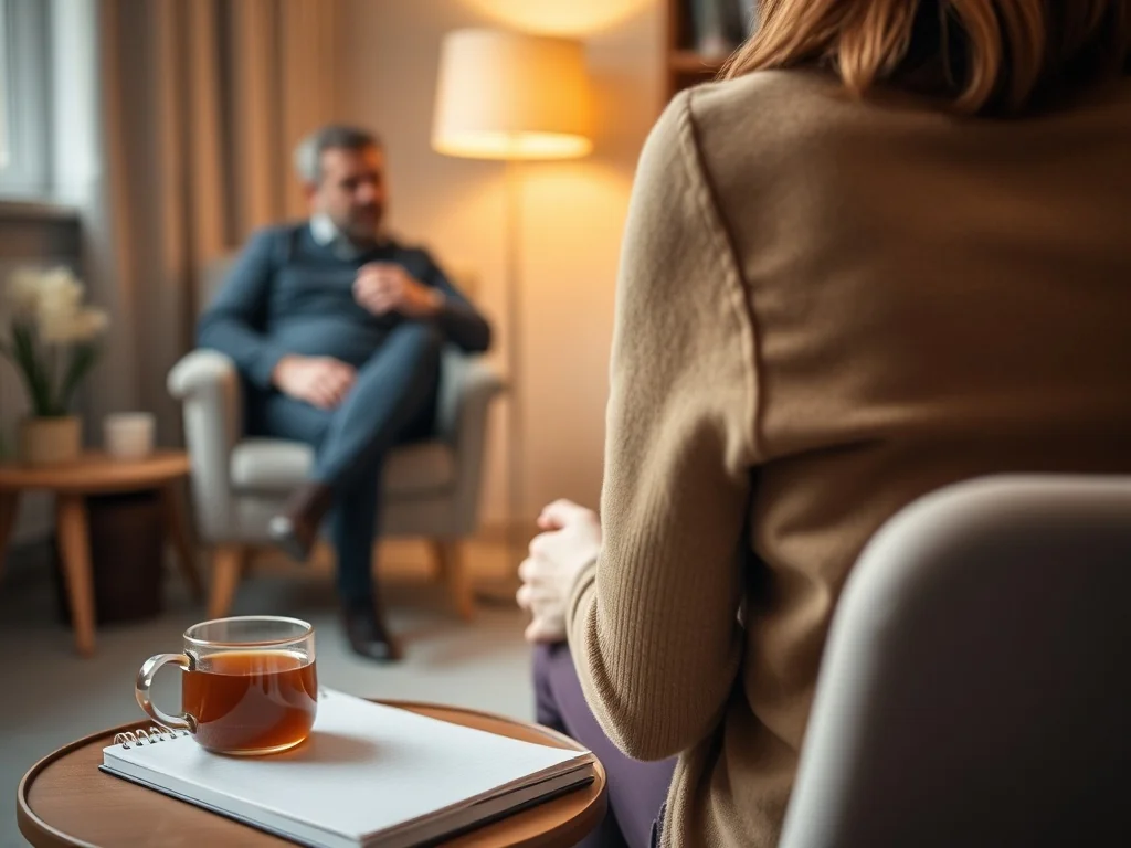 Osoba swobodnie rozmawia z psychiatrą w przytulnym gabinecie, atmosfera zaufania, prywatności i akceptacji.