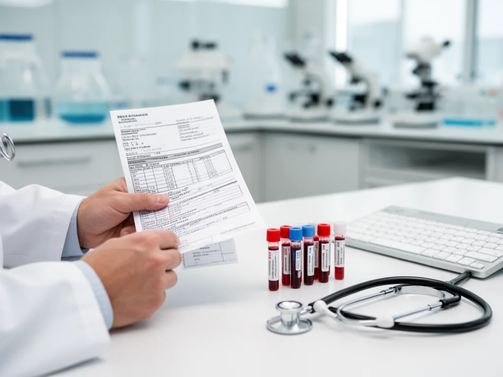 Lekarz trzyma wyniki badań i próbki krwi na biurku, symbolizując diagnostykę ogólnoustrojowej grzybicy.