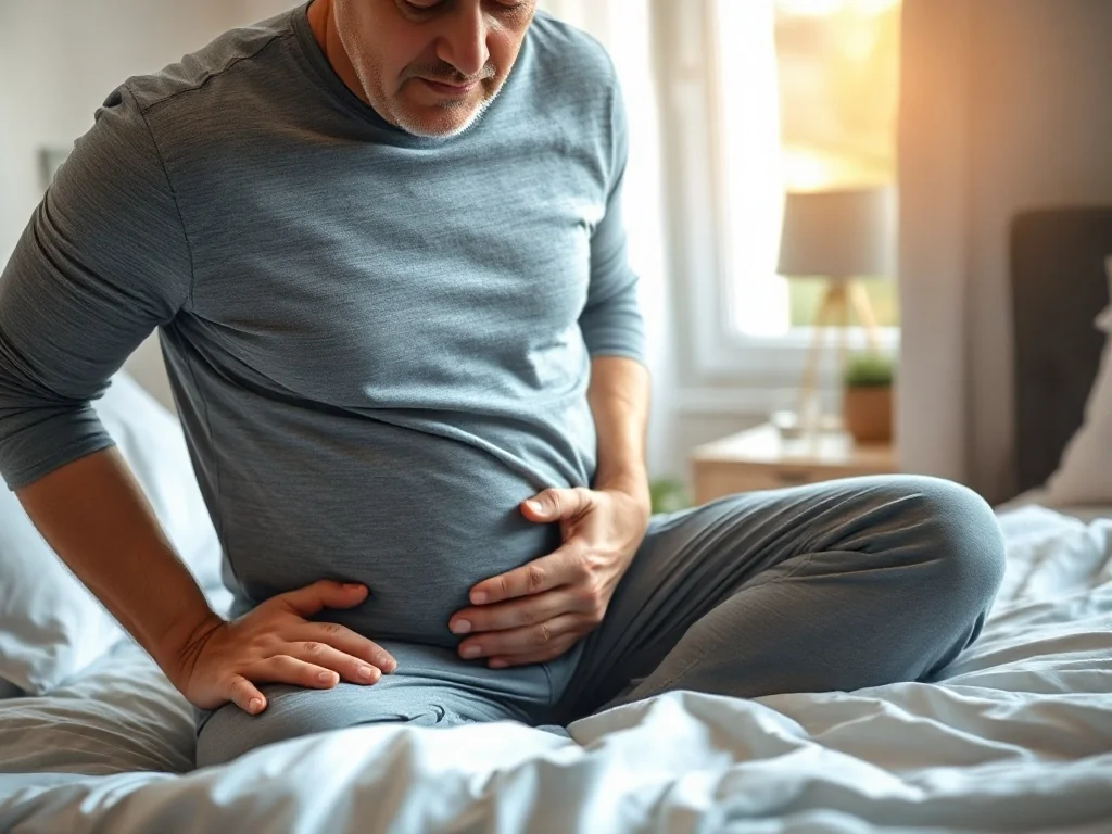 Mężczyzna w średnim wieku na łóżku trzyma się za podbrzusze, z lekkim dyskomfortem, sugeruje objawy problemów z prostatą.